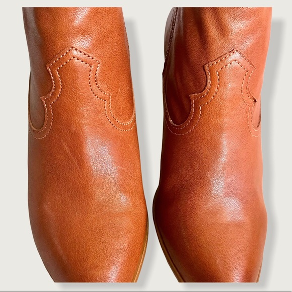 Frye Reina Genuine Cognac Leather Pull On Everyday Casual Wood Heel Ankle Bootie - Picture 7 of 14